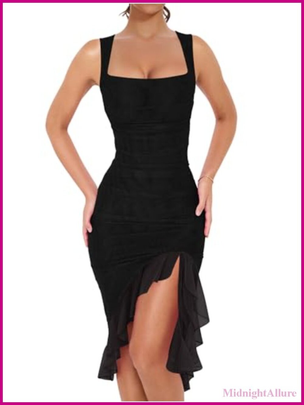Women's Ruched Bodycon Midi Cocktail Dress Mesh Square Neck Ruffle Hem Club